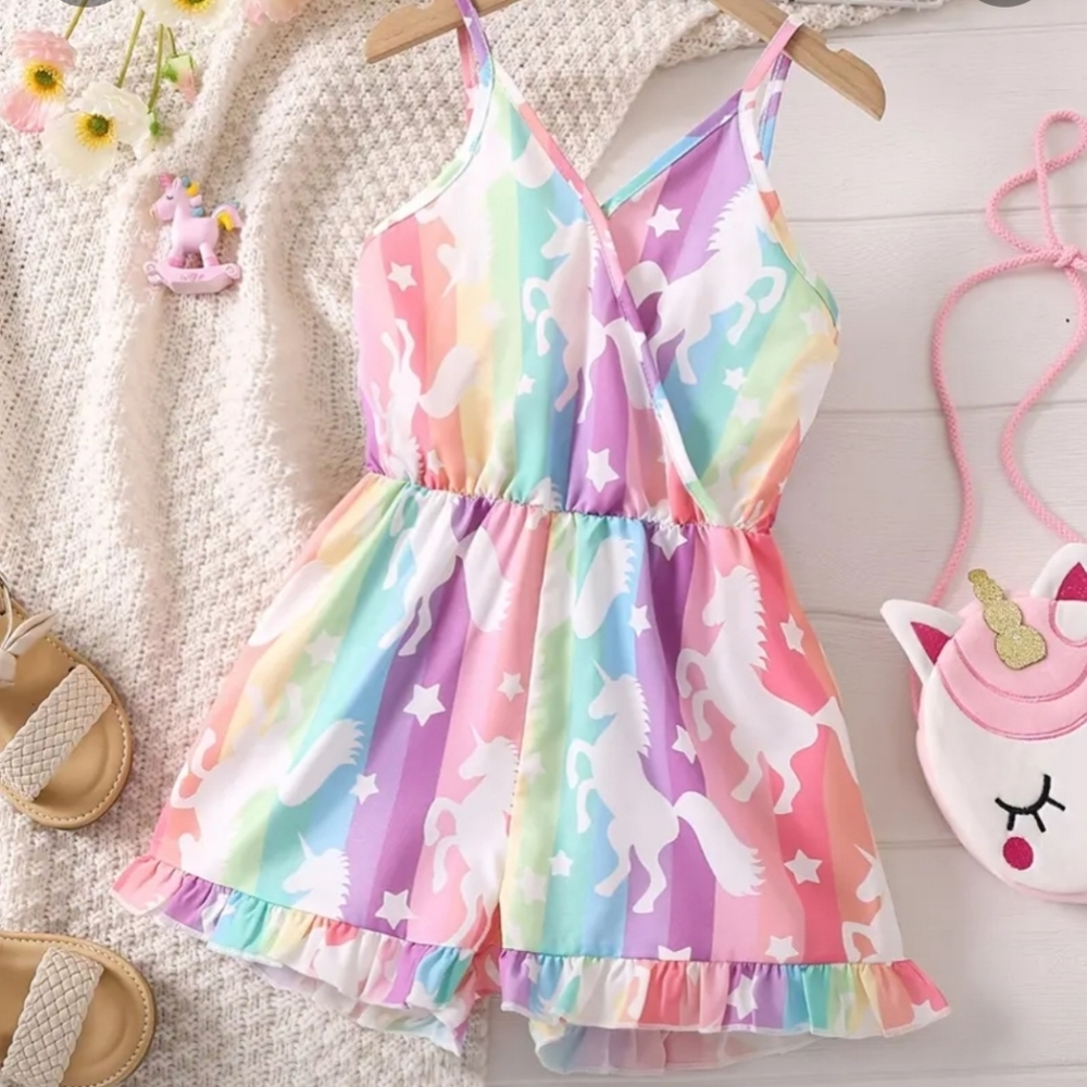 Girls Rainbow Cartoon Unicorn Romper V-neck Ruffled